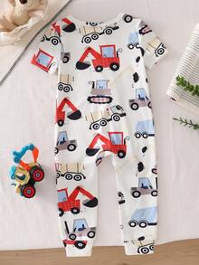 Infant Baby Dinosaur Print Short Sleeve Snug Fit Jumpsuit, Soft Comfortable Fabric, Summer Style - Multicolor - View 3