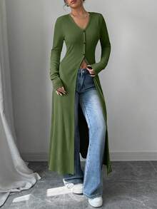 Rafferiza 女士休闲修身长袖单排扣衬衫 - 軍綠色 - 查看 5