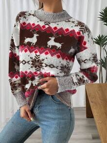 SHEIN LUNE All-Over Print Casual Versatile Crew Neck Long Sleeve Pullover Sweater, Autumn/Winter - Coffee Brown - View 4