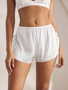 Ocili Comfortable Silky Satin Drawstring Slit Hem Women Sleepwear Bottoms, Chic Autumn Slumber - White - View 4