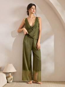 Ocili 2pcs Bohemian Style Lace Trim Camisole & Pants Sleepwear Set, Comfortable Women Pajamas - Dark Green - View 5