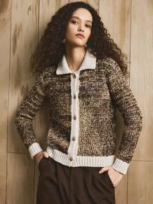 EMERY ROSE Women's Casual Contrast Trim Button Front Knit Cardigan, Autumn/Winter - Coffee Brown - View 3