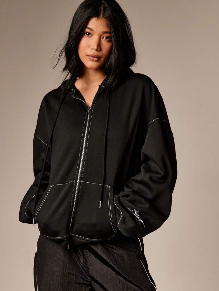 AiiRZ Contrast Stitch Full Zip Hoodie With Drawstring Hood And Centre Pocket For Women Casual Comfort