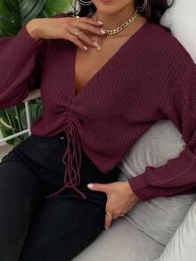 Chiquease 时尚休闲百搭短款深V领抽绳落肩宽松女式套头毛衣，秋冬 - 紫紅色 - 查看 3