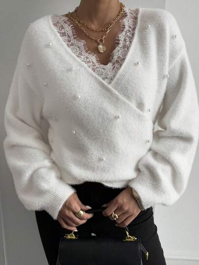 Livesso Women's Autumn/Winter Shiny Pearl Decor Hollow Lace Trim Colorblock Loose Business Casual Elegant Knit Sweater With Asymmetric Twist Collar, Stylish Design For New Year & Christmas