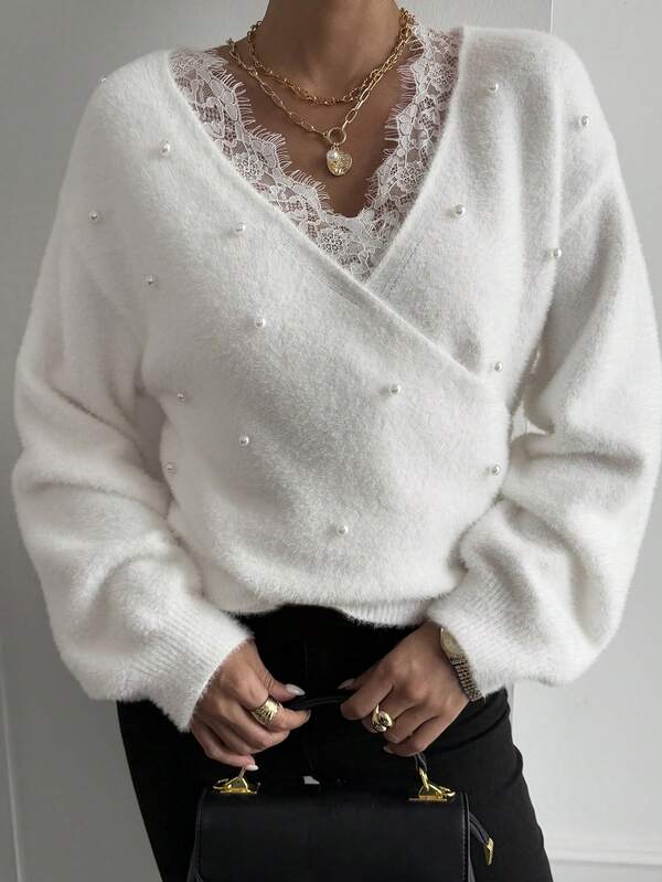 Livesso Women's Autumn/Winter Shiny Pearl Decor Hollow Lace Trim Colorblock Loose Business Casual Elegant Knit Sweater With Asymmetric Twist Collar, Stylish Design For New Year & Christmas