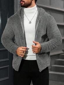 Manfinity CasualCool Men's Solid Color Long Sleeve Zip-Up Hooded Fleece Jacket, Autumn/Winter Fur Hoodie Zip Up Grey Zip Up Hoodie Grey Cardigan Grey Jacket - Light Grey - View 4