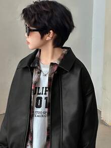 DAZY 男童纯色落肩长袖PU皮拉链休闲夹克 - 黑色 - 查看 4