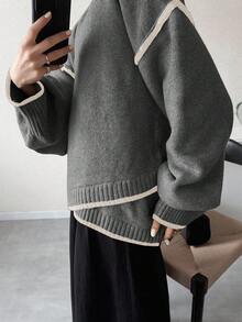 FRIFUL Women's Round Neck Contrast Color Trim Asymmetrical Hem Casual Ribbed Patchwork Thickened Sweater - Grey - View 3