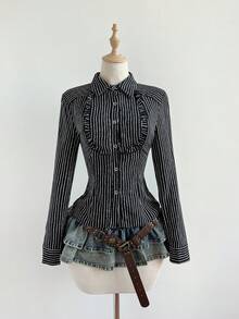 Elamini Áo cánh tay dài họa tiết kẻ sọc bất đối xứng, chắp vá, bó sát, gợi cảm, sang trọng, đa năng cho mùa đông - màu đen - Xem 3