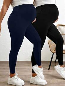 Modmama Plus Size Adjustable Waist Solid Color Casual Leggings, Suitable For Pregnant Women Pregnancy Clothing Maternity Leggings Leggings Plus Size Maternity Workout Clothes Pregnancy Pants - Navy Blue - View 3