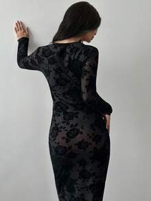 Firerie Women's Black Flocked Floral Elegant Fitted Midi Dress, Bustier Dress, Vintage Dress, Spring/Summer/Autumn, Elegant, Work, Sexy, Romantic, Date, Party, Wedding, Graduation, Performance, Concert, Work Attire, Back To School, Women's Birthday Dress,New Year Clothes