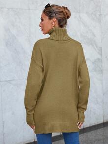 EURMUSE Women High Neck Solid Color Drop Shoulder Sweater, Casual For Everyday Wear In Autumn/Winter - Camel - View 2