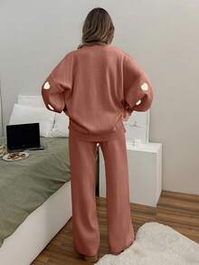 EURMUSE Women Solid Color Hearth Embroidery Round Neck Drop Shoulder Pullover & Sweater Pants Set - Dusty Pink - View 2