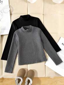 Leap Crew 2 件套年轻女孩秋冬紧身厚底高领 T 恤，适合返校、派对、婚礼、花童、儿童休闲装、开幕式、日常穿着、学校、旅行 - 黑色 - 查看 3