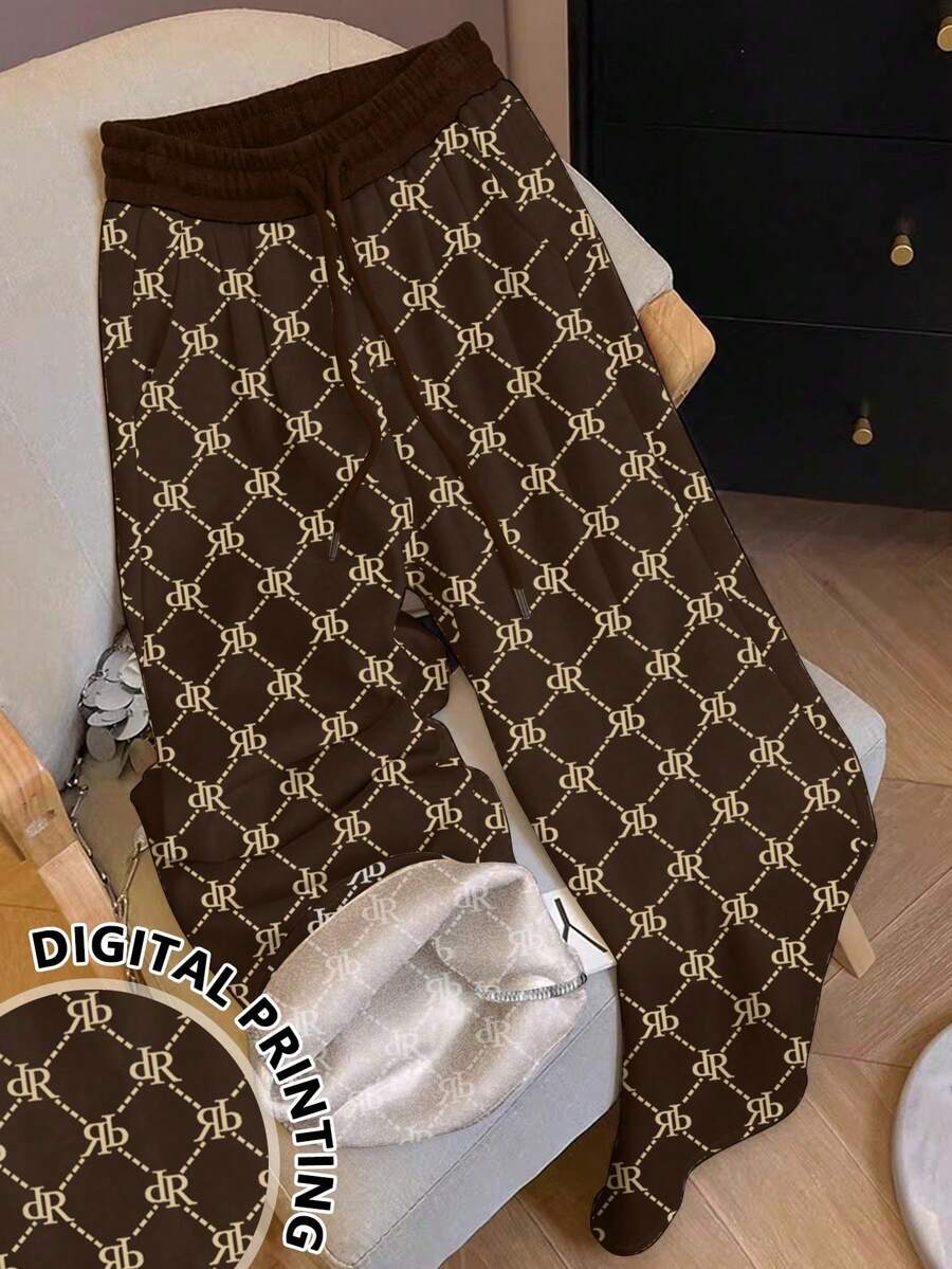 Resyla Women's Casual Letter Print Fleece Sweatpants, Autumn/Winter - Coffee Brown - View 1