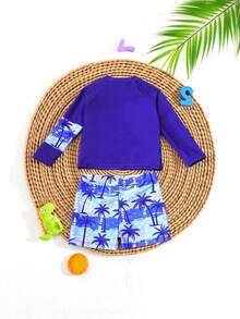 2pcs Baby Boys' Tropical Holiday Themed Printed Short Sleeve Top + Shorts Set - Suitable For Vacation And Pool Play