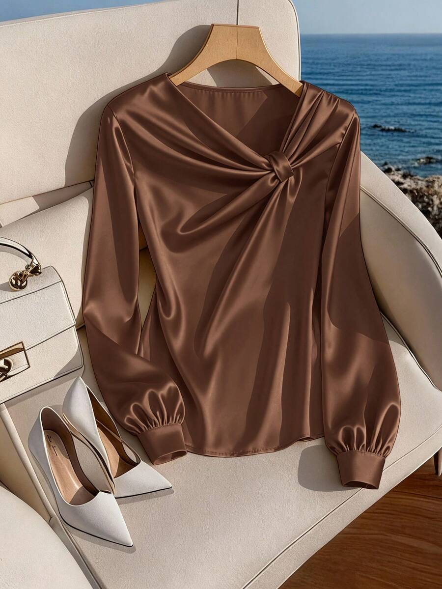 GlowEve CURVE Plus Size Women Satin Asymmetric Collar Shiny Blouse, Elegant For Party, Afternoon Tea, Commute, Apricot Long Sleeve Shirt - Brown - View 1