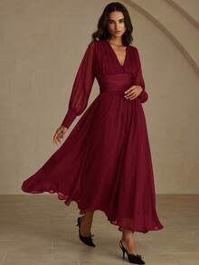 Revavyn 欧美风V领缎面腰带时尚百搭通勤长袖连衣裙，秋冬款 - 酒紅色 - 查看 5