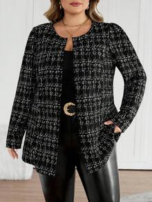 SHEIN CURVE+ Plus Size Plaid Casual Jacket For Commuting, Autumn/Winter Fall - Black - View 8
