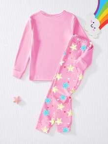 两件套女童睡衣，夜光可爱独角兽印花针织紧身圆领长袖上衣和裤子睡衣套装