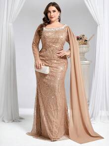 Coutiva 秋冬季大码亮片串珠不对称领长袖鱼尾裙正式晚礼服，适合婚礼宾客、毕业典礼、圣诞节等场合。香槟色毕业晚礼服，长袖正式礼服，优雅女士亮片礼服，女士晚礼服，优雅长裙，女士晚礼服，情人节礼服，优雅亮片礼服，碎花礼服 - 香檳色 - 查看 3