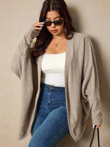 Elaquor Plus Size Casual Minimalist All-Match Versatile Loose Ribbed Knit Cardigan Sweater/Winter - Apricot - View 6