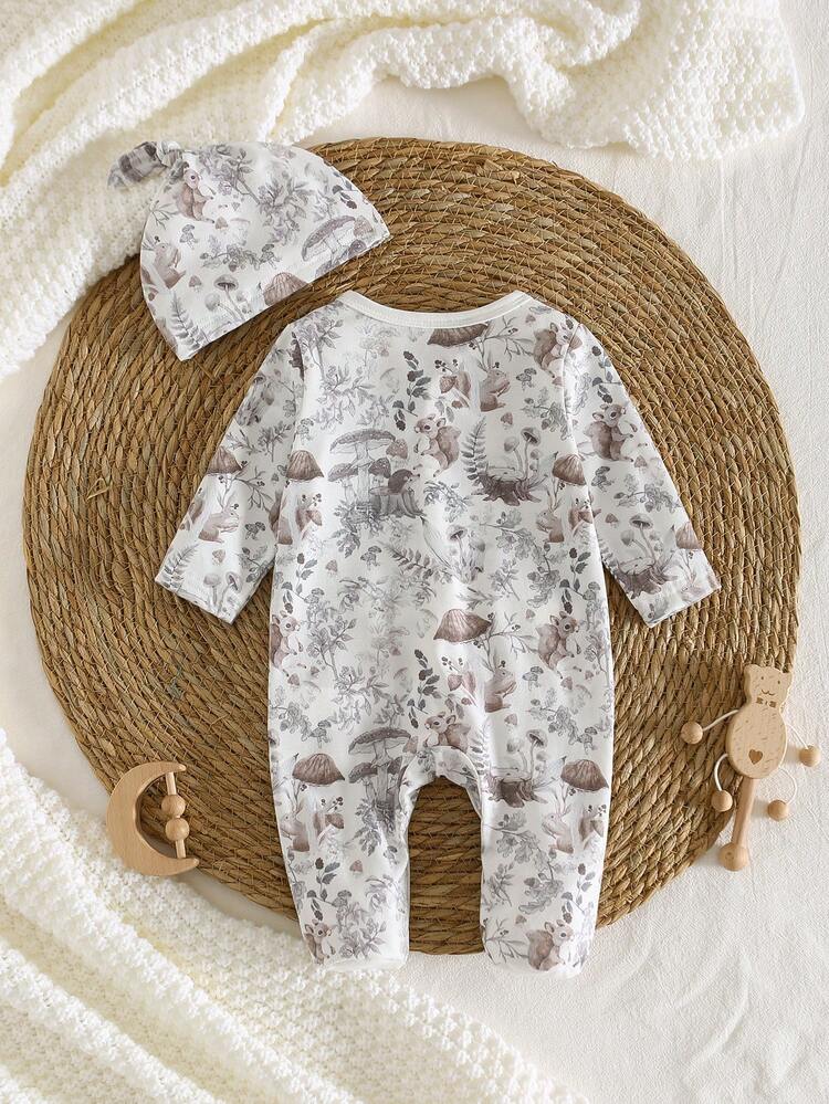 Newborn Romper + Hat 2pcs Set, Cute Mushroom, Squirrel, Leaf All-Over Print, Long Sleeve, Pocket Design Footie Jumpsuit With Hat, Infant Sleepwear - White - View 2