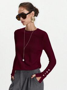 Lumivelle All-Match Round Neck Casual Versatile Long Sleeve Knit Undershirt Burgundy Tops Maroon Tops Dark Red Tops Wine Red Top Button Top - Red - View 3