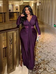 SHEIN PETITE CURVE 大码女士性感深V收腰修身优雅派对迷你连衣裙 - 紫色 - 查看 4