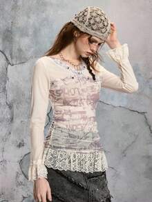 ROMWE EDITION Fairy Punk Rebellious Sheer Mesh Lace Rivet Splice Fitted Long Sleeve T-Shirt - Apricot - View 7