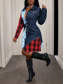 Slaydiva 女士时尚通勤格子拼接不对称下摆牛仔连衣裙 - 藍色 - 查看 3