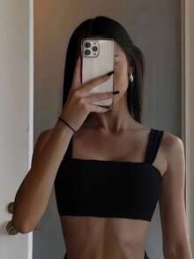 SHEIN Swim Top de bikini negro sólido básico para mujer, casual para playa y vacaciones, Primavera/Verano 2026 - Negro - Ver 3