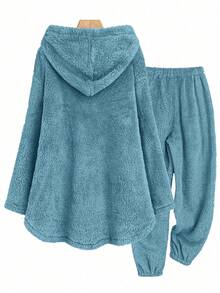 EMERY ROSE Women's Elegant Plush Long Sleeve 2 Pieces Loungewear Set, Autumn/Winter - Blue - View 2