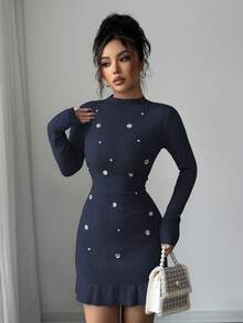 SHEIN Elenzya 秋冬新款针织镶钻立领长袖修身优雅荷叶边下摆女式毛衣连衣裙 - 寶藍色 - 查看 3