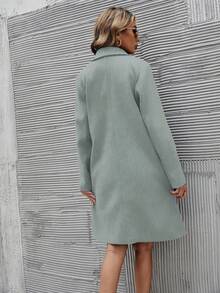 SHEIN LUNE 女式纯色翻领长袖双排扣休闲羊毛大衣，秋冬 - 橄欖綠 - 查看 2