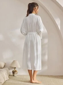 Ocili 女士宽松落肩长袖休闲睡袍，适合秋冬季节，舒适保暖 - 白色 - 查看 3