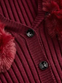 SHEIN ICON 羊羔绒领毛边袖紧身黑色长袖开衫，秋冬季长袖上衣 - 酒紅色 - 查看 3