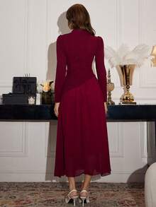 Modelyn Women's Elegant Pearl Embellished Long Sleeve Dress - Burgundy - View 6