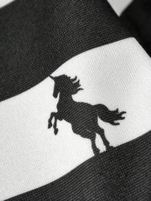 SHEIN 女童长袖条纹Logo卫衣及喇叭紧身裤套装，女童服装 - 黑與白 - 查看 8