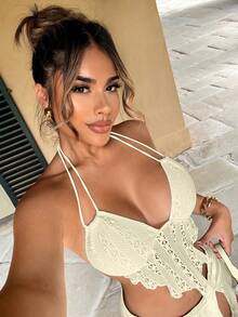 Zolique Beach Vacation Woman Sexy Drawstring Halter Simple Fashion Daily Casual - Apricot - View 3