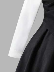 Tween GirlsBlack & White Fitted Niche Elegant School Style V-Neck Dress Black And White Outfits Kpop Outfit Teen Girls Church Outfit Funeral Outfit For Tween Girls - Black and White - View 4