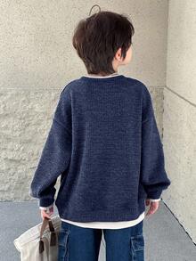 DAZY 大码男童休闲宽松撞色套头卫衣，秋季款 - 藍色 - 查看 5