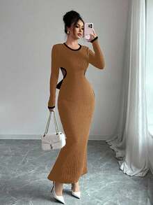 Elenzga 女士长袖修身圆领扭结露背连衣裙 - 棕色 - 查看 4