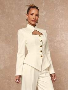 Lumalex 立领镂空腰部金属纽扣收腰直筒短裤，女士长袖套装 - 米色 - 查看 7