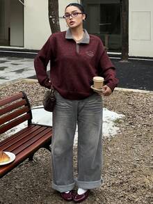 Dazy Plus Große Größen Pullover Sweatshirt für Damen mit Buchstaben-Stickerei und Farbblöcken, Rundhalsausschnitt, Herbst/Winter - Bordeaux - Übersicht 4