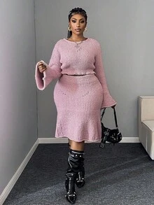 Maweii Damen Große Größen 2-teiliges Set: Einfarbiges Pulloverkleid mit Rundhalsausschnitt - Pink - Übersicht 5
