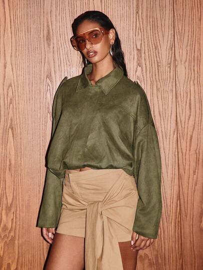 KIZN Veste utilitaire  de qualité supérieure, élégante, oversize avec épaules tombantes, courte, mode automne-hiver, déclaration de mode, manches longues, chic, col