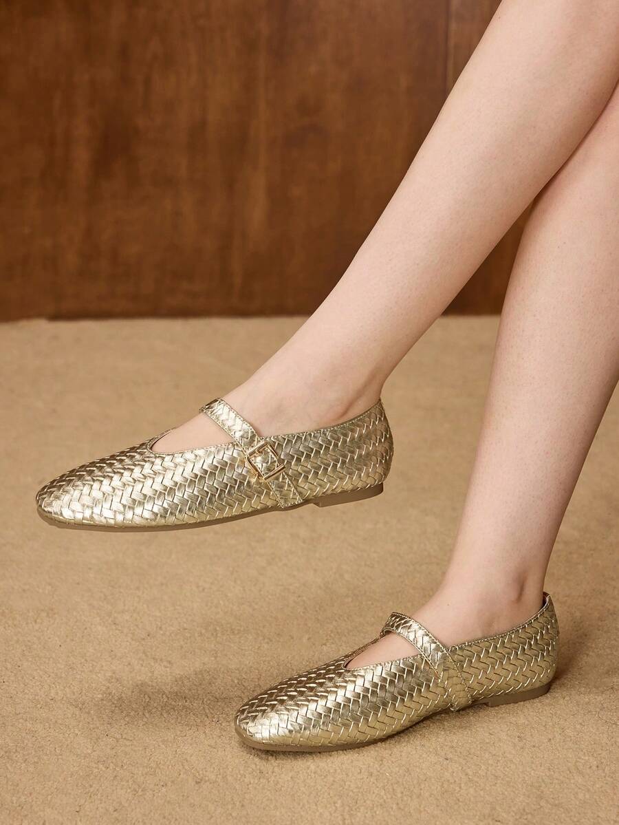 MOTF Zapatos planos tipo Mary Jane con textura trenzada de color champán y hebilla ajustable, zapatos de primavera - Dorado - Ver 1