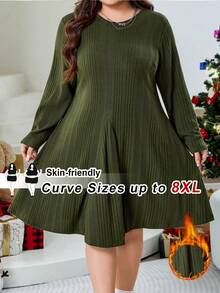 SHEIN CURVE+ Vestido midi plus size feminino casual com nervuras em veludo evasê